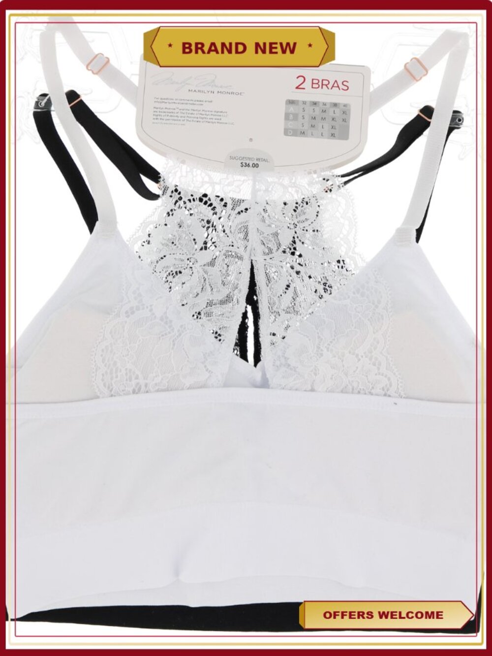 Lace Racerback Bralette 2 Pack with Removable Padding for Comfort - Picture 2 of 5